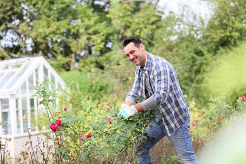 Crew preparing to trim a residential hedge